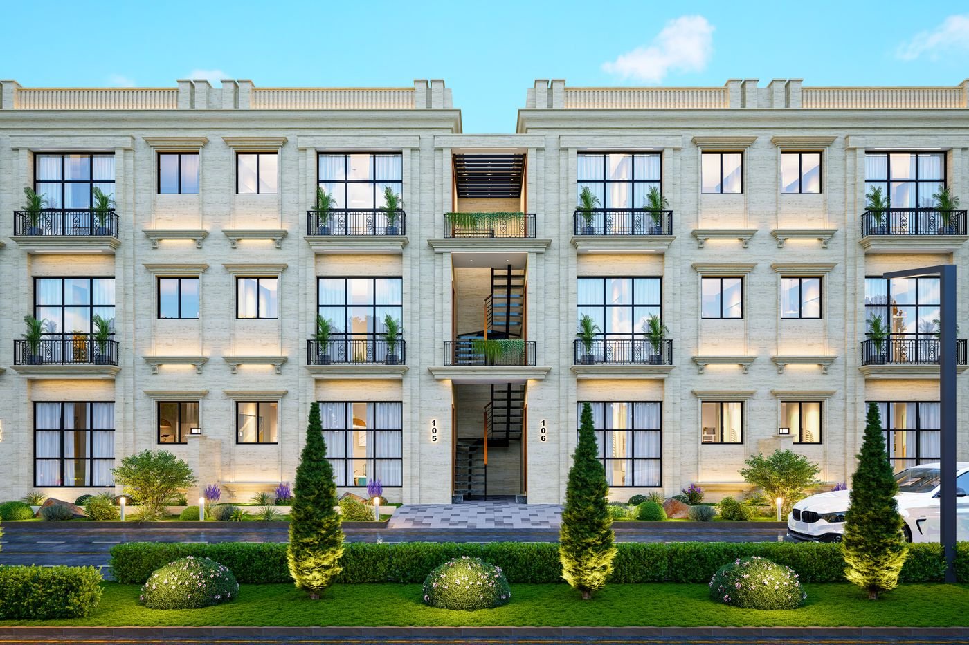 Townhouse entrance at dusk, Al-Nafay Homes